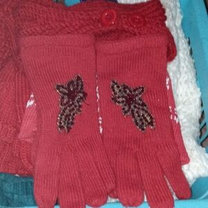 Women Red ear warmers and gloves
